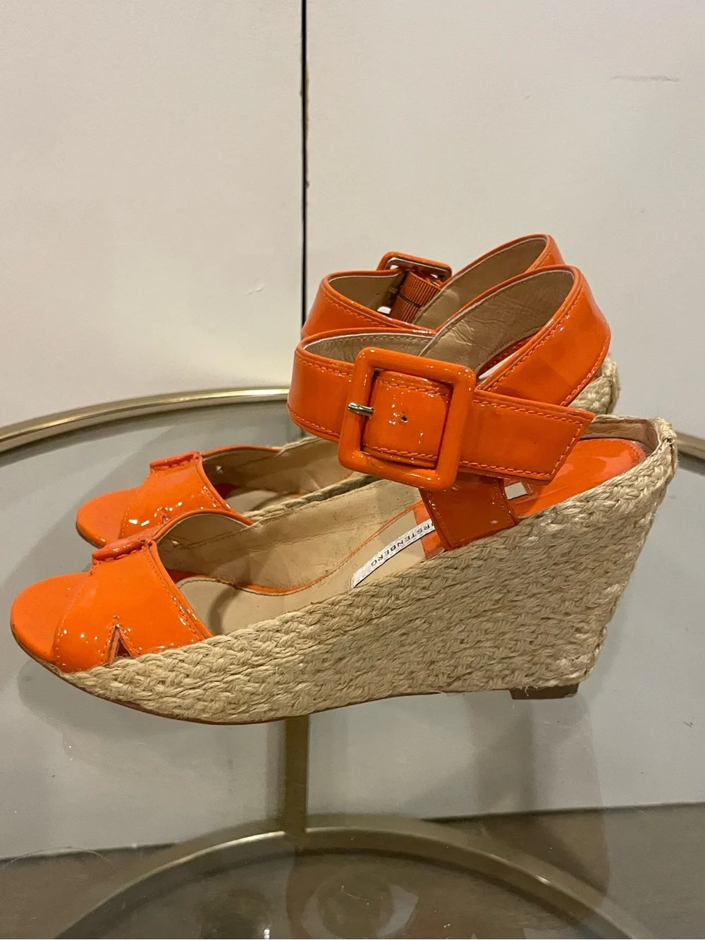 Diane Von Furstenberg Orange Patent Leather Wedge Espadrille, Size 8